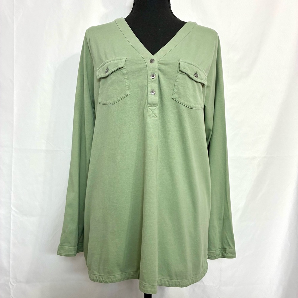 J. Jill M Tall Green Utility Henley Tunic Top Cotton Long Sleeve Pocket Shirt